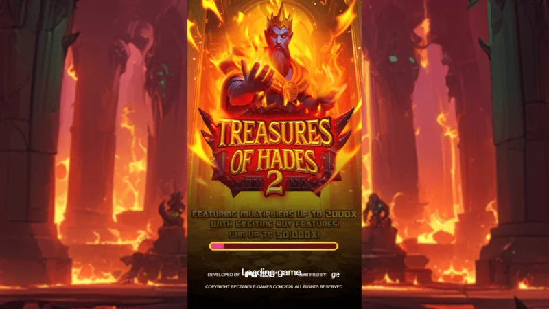 Treasures of Hades 2 — Écran de chargement de la machine à sous Rectangle Games dans un cadre mythologique du monde souterrain